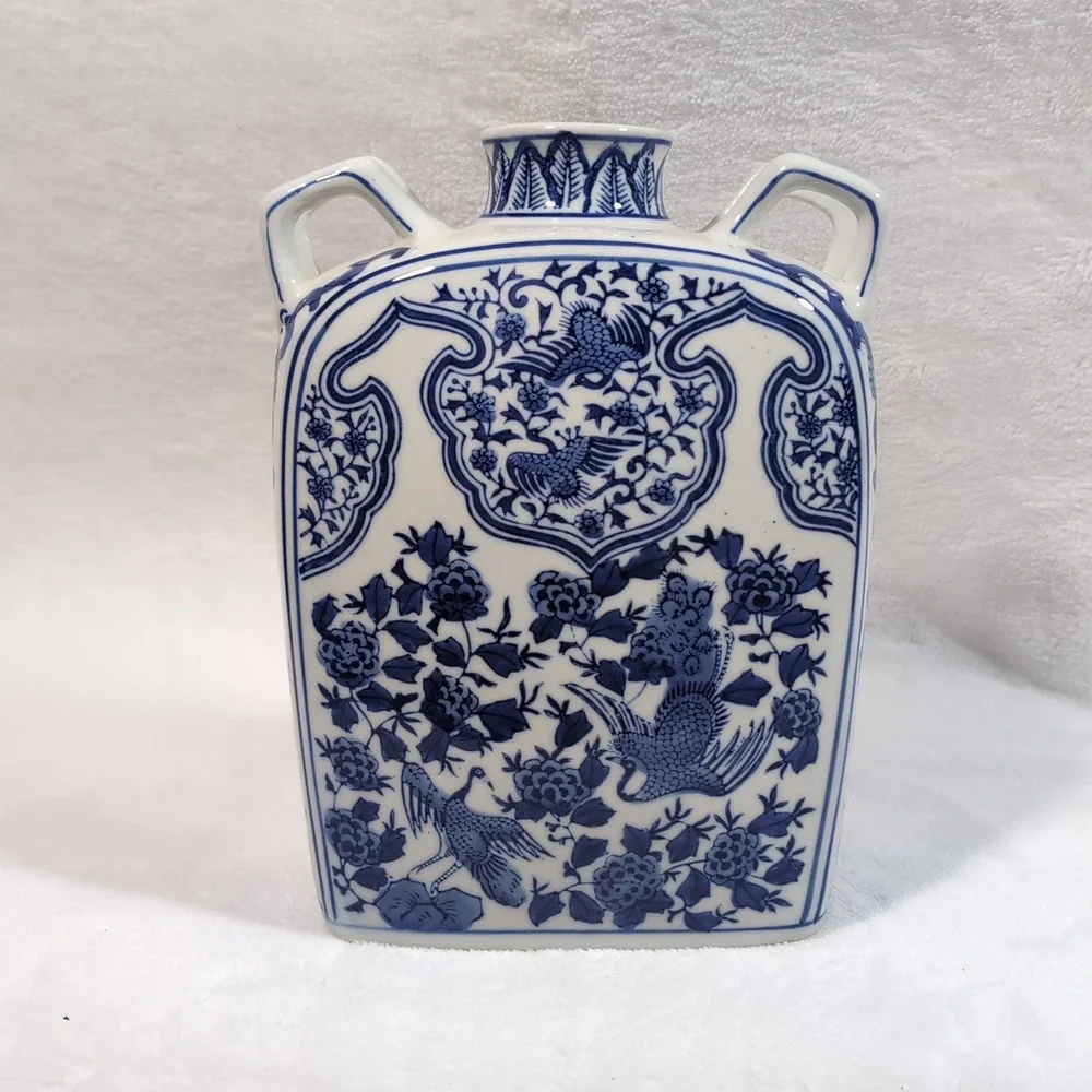 Vtg Chinese Moon Flask Vase Blue White 4 Handle Phoenix Peony Floral Chinoiserie